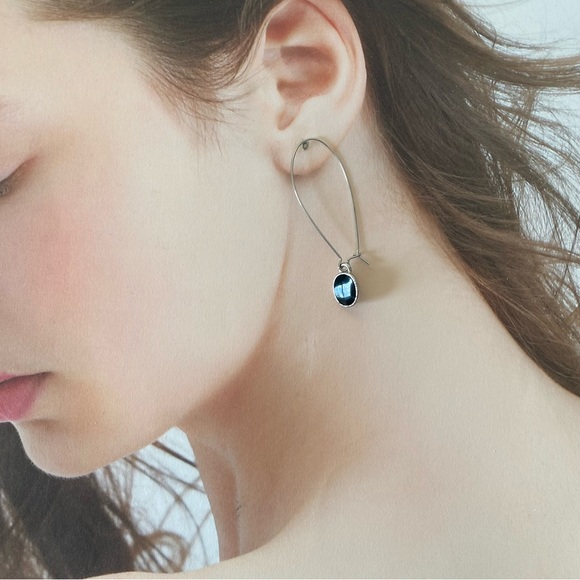 4/$15 Silver Black Enameled Kidney Wired Oval Drop Hoop Earrings - Picture 3 of 5